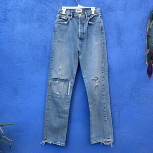 agolde light wash high rise organic cotton straight leg distressed jean